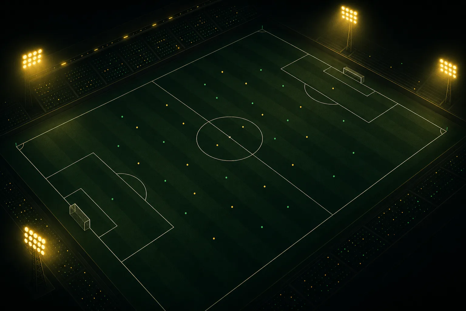 Aerial view of a floodlit Strikers Club pitch at night, mown in dark green stripes, with players dotted in yellow and green